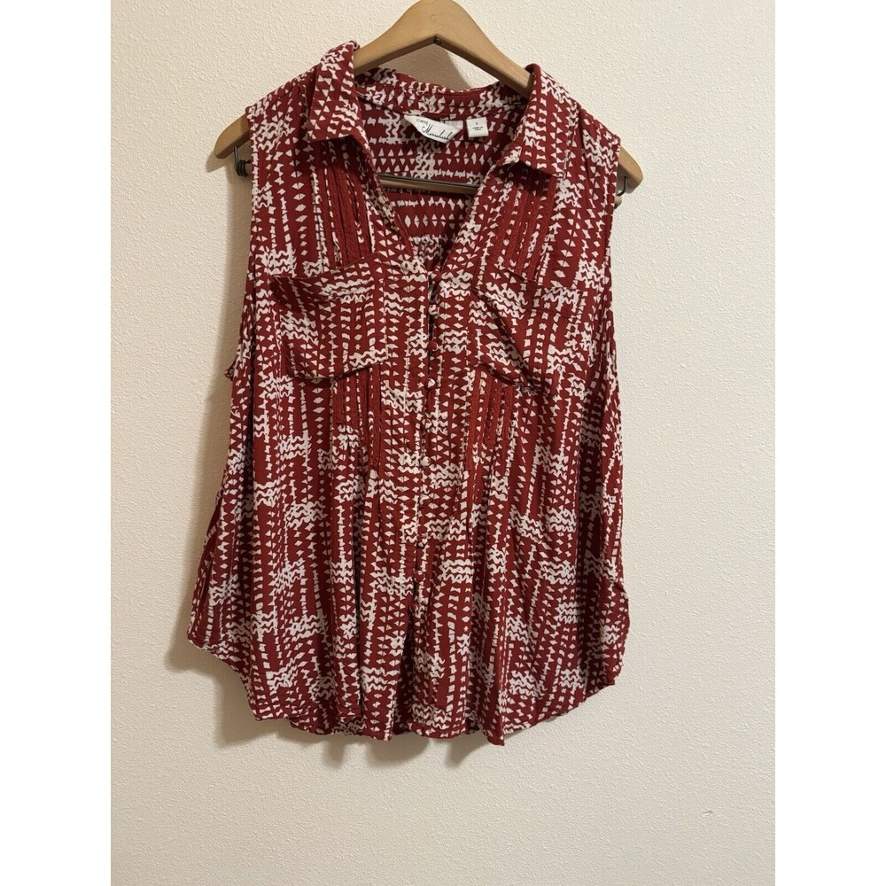 Caffe Marrakesh Tunic Blouse Shirt Womens Large Button Up Rust Red Boho Aztec L